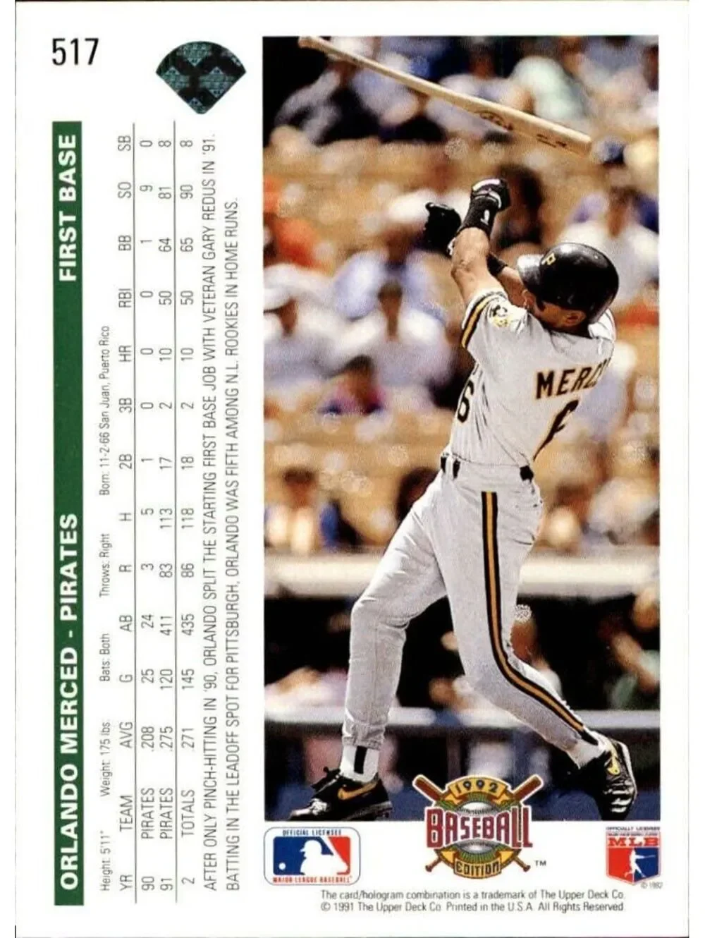 Orlando Merced 1992 Upper Deck MLB #517 Baseball Card Pittsburgh Pirates